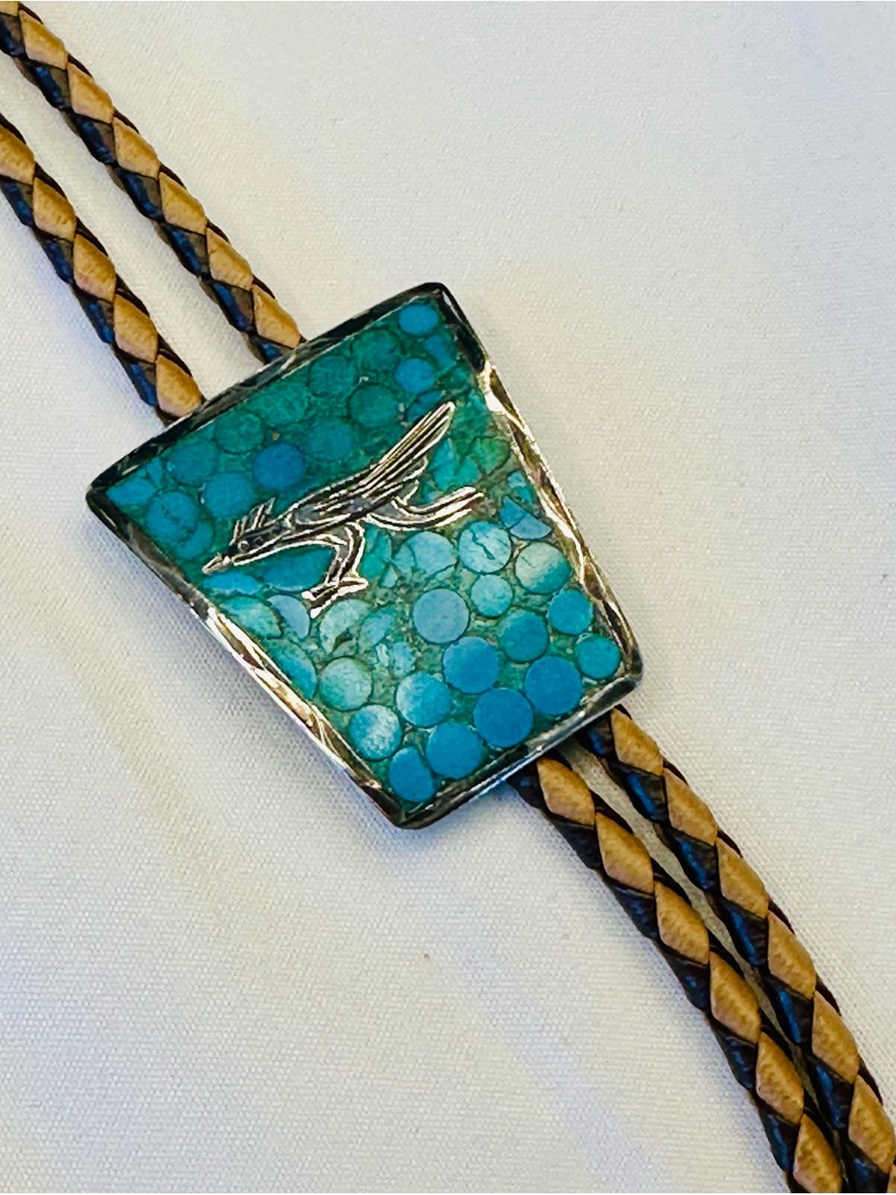 Vintage Sterling Silver and Inlaid Turquoise Hopi Roadrunner Bolo Tie
